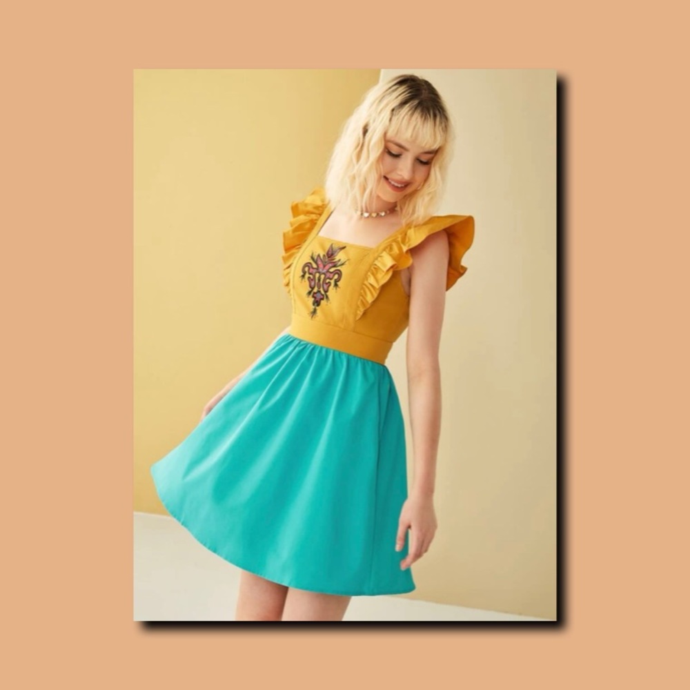 Color-block square neck backless dresses